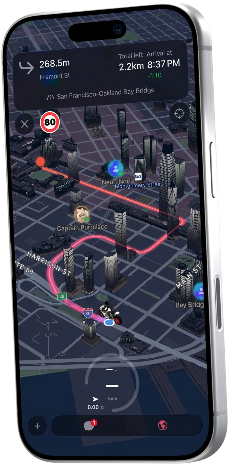 PinPopのナビゲーションとAIによる場所検索結果がiPhoneに表示されたモックアップ