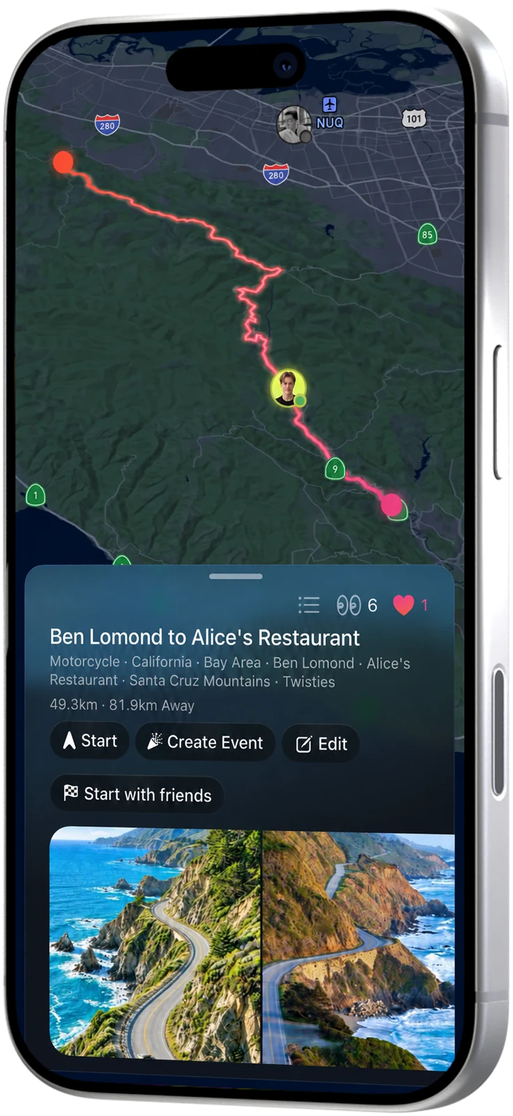 PinPopのルート詳細、地図、グループ通話がiPhoneに表示されたモックアップ